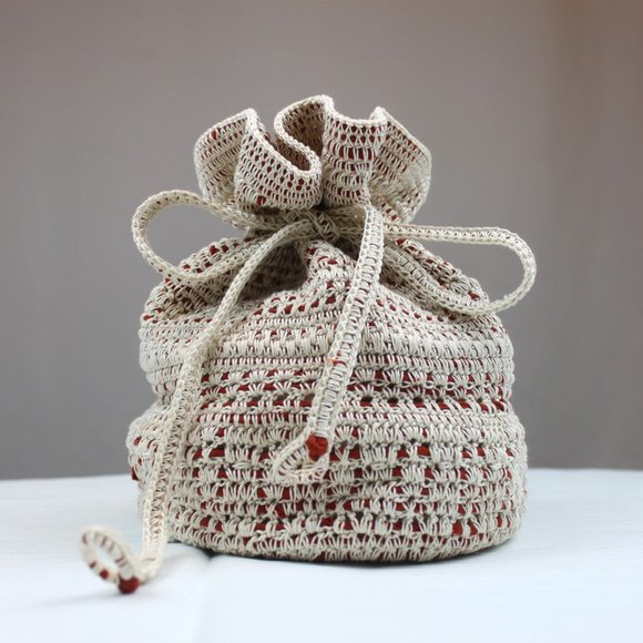 Handcrafted Crocheted Cream Dark Orange Drawstring Pouch Bag - Picture 1 of 14